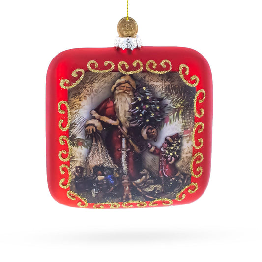 a red square christmas ornament with a painting of santa claus