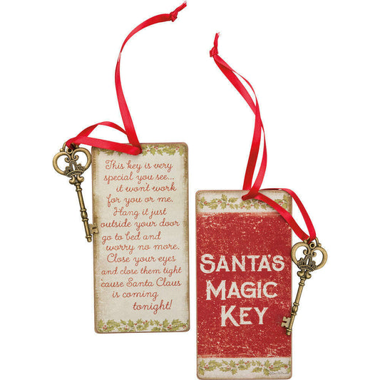 two tags with a key and a red ribbon