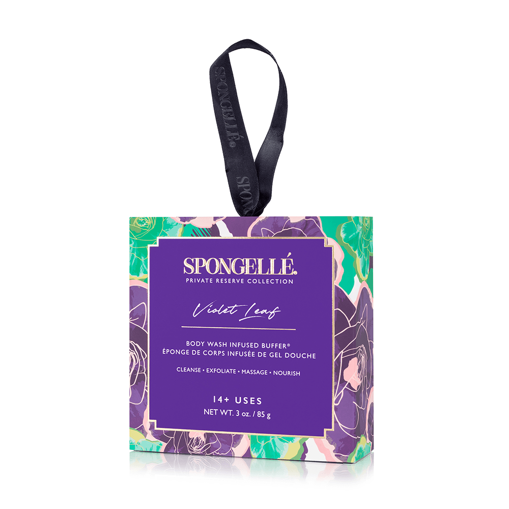 a purple box with a black ribbon