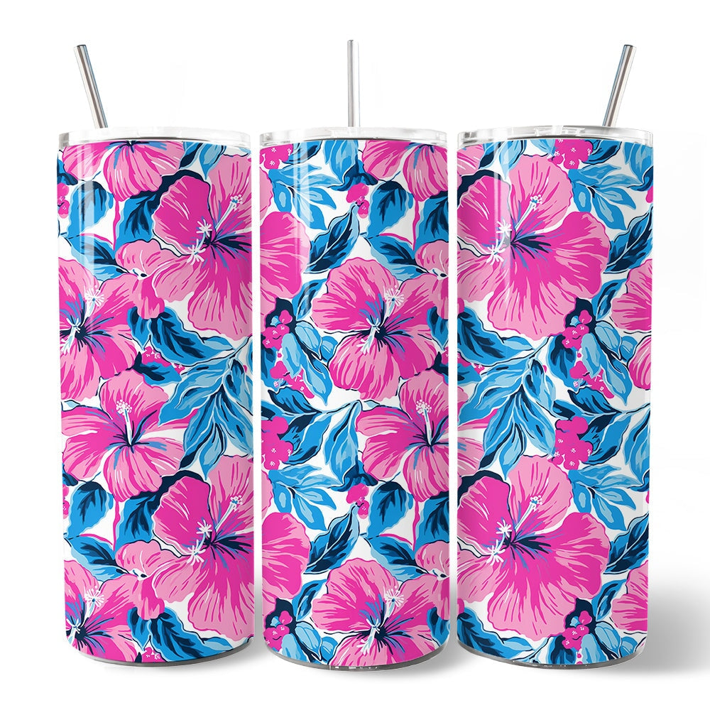 Pink and Blue Hibiscus Flowers 20oz Personalized Tumbler With Lid and Stainless Steel Straw, Vibrant Summer Floral Gift Cup