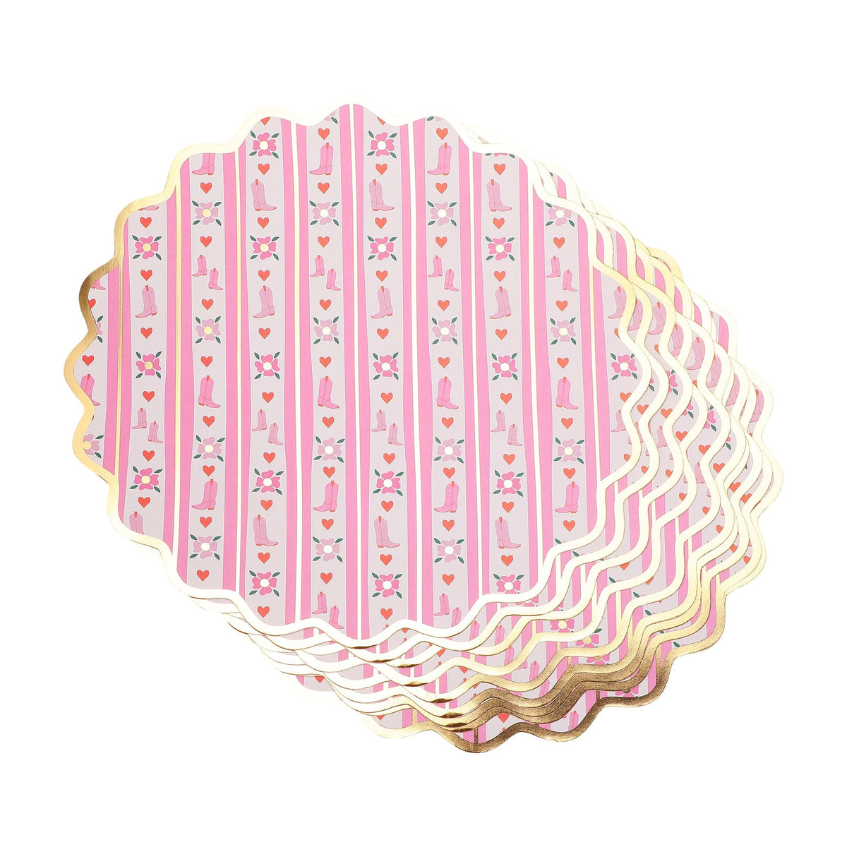 a stack of pink and white paper plates