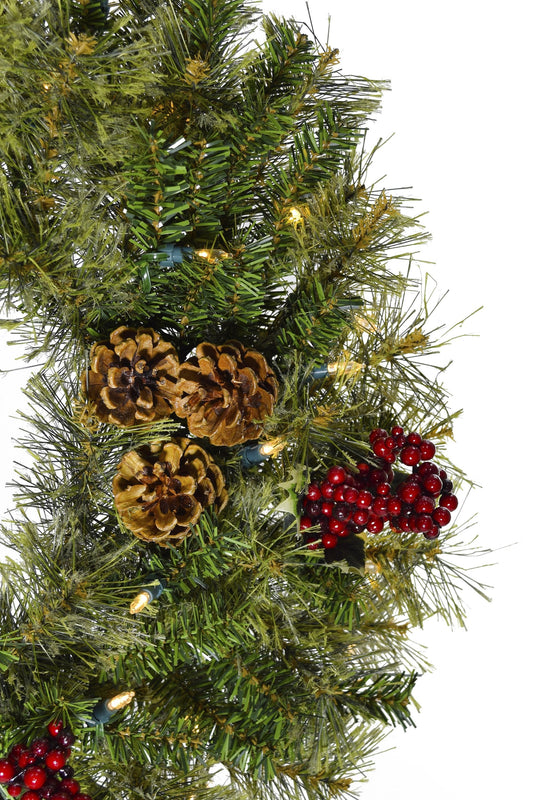 24" Pre-lit Cheyenne Pine Wreath with Pine Cones & Holly Berry Clusters