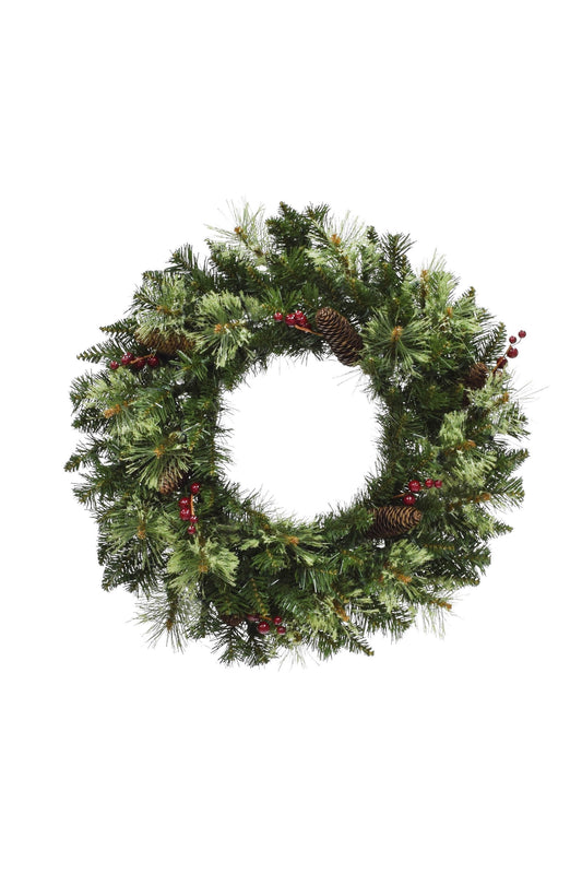 24" Unlit Jasper Mixed Pine Wreath with Pine Cones & Red Berry Clusters