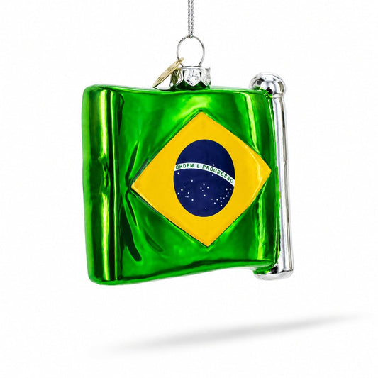 a green and yellow flag from a silver chain