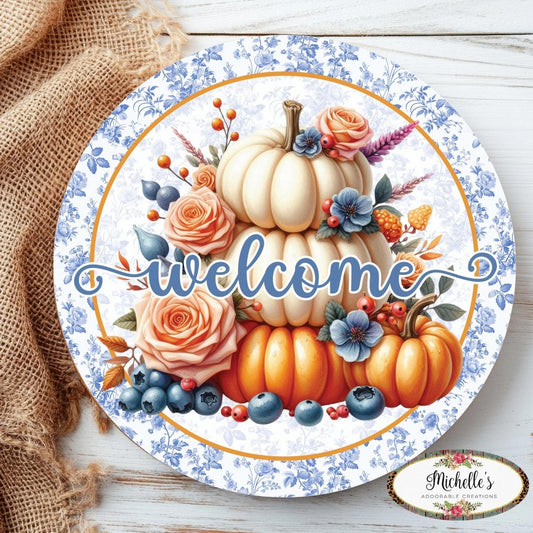 Welcome Fall Triple Pumpkins Round Sign