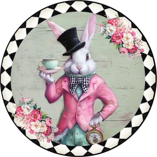 Whimsical Harlequin Bunny Round Sign