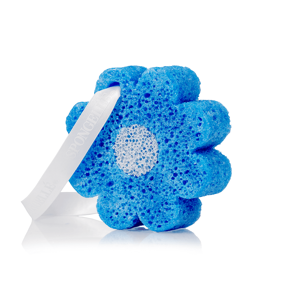 a blue sponge with a white ribbon