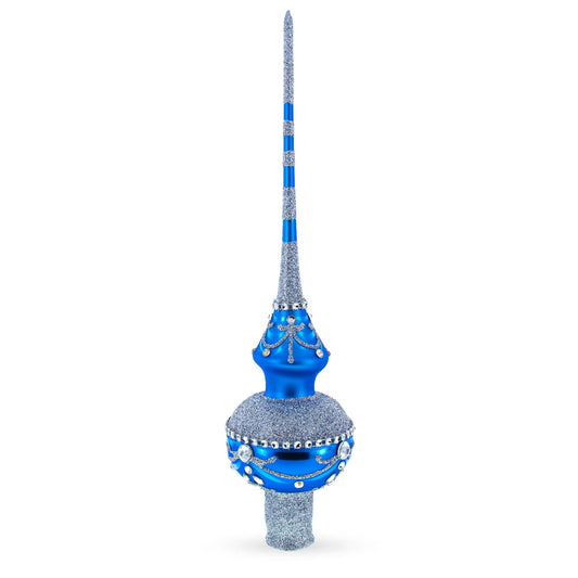 White Jewels and Silver on Blue Glass Christmas Tree Topper 11 Inches