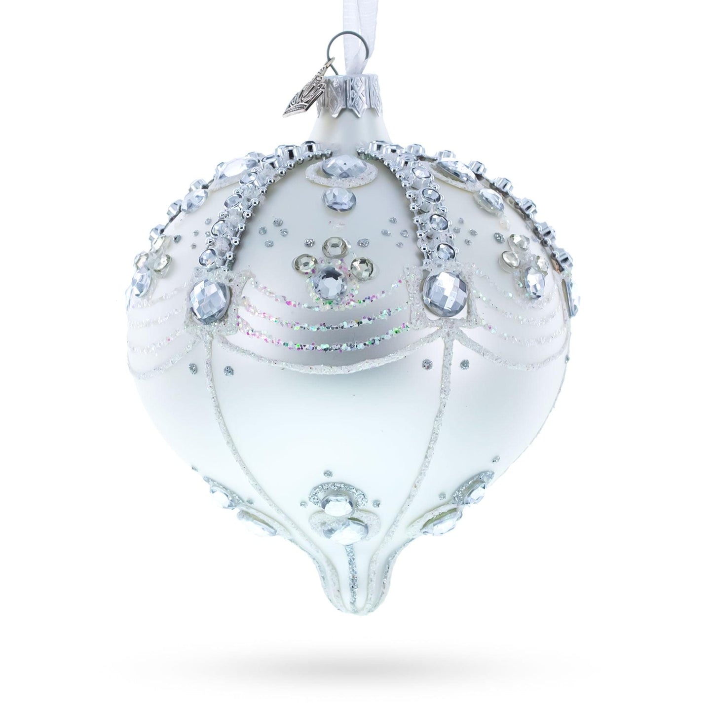 White Jewels on Silver Onion-Shape Finial Glass Ornament