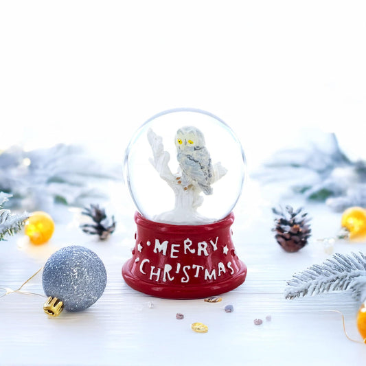White Owl Perched on Red Base Mini Water Snow Globe