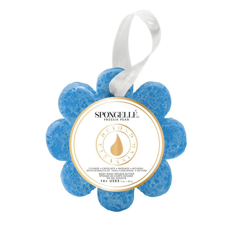 a blue flower shaped object with a white label