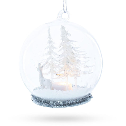 Winter Forest Snow Globe with White Deer Glass Christmas Ornament