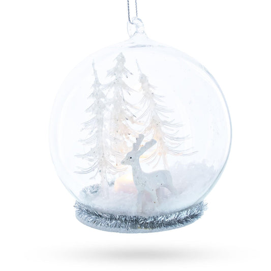 Winter Forest Snow Globe with White Deer Glass Christmas Ornament