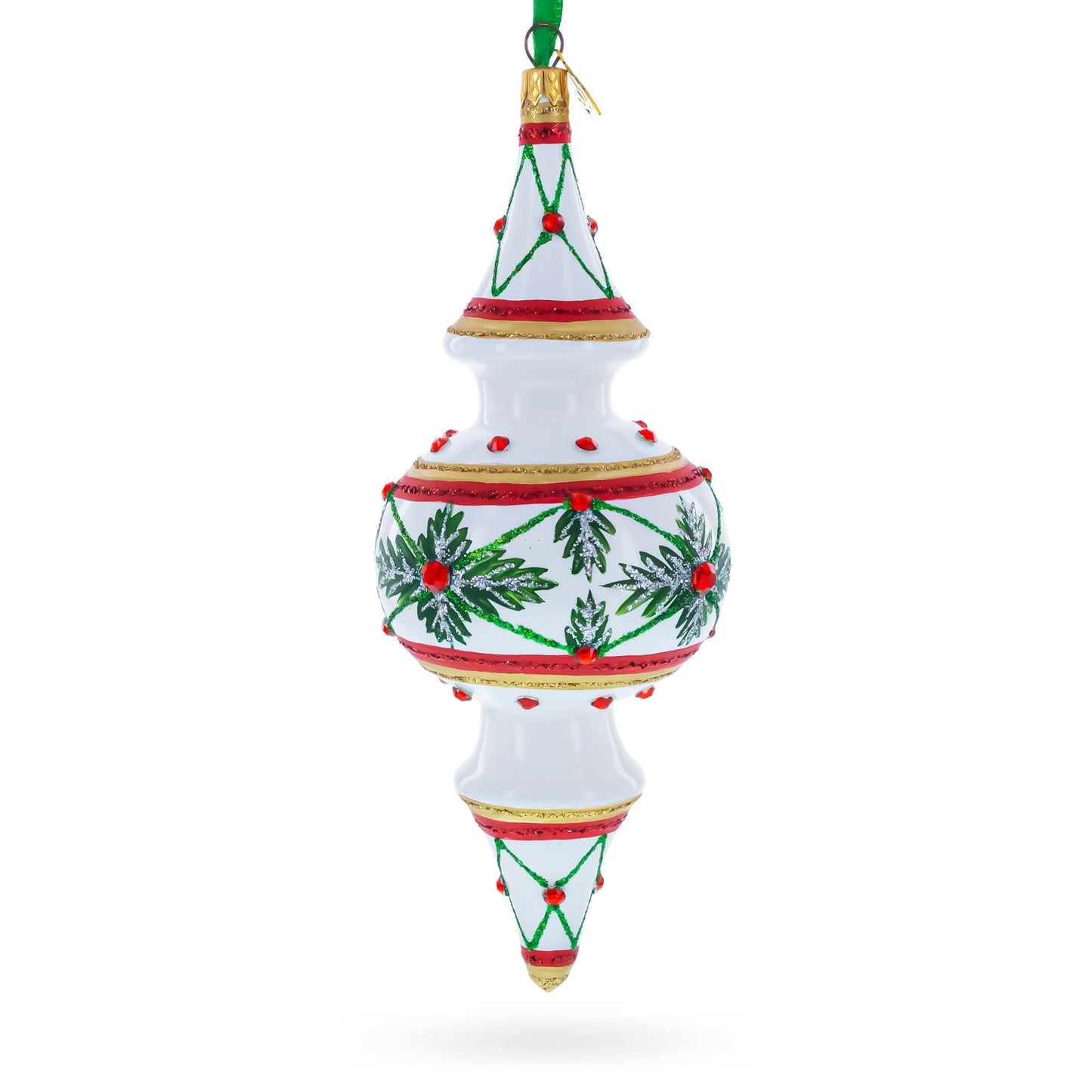 Winter Lattice & Holly Star Jeweled Double-Ended Finial Drop Glass Christmas Ornament
