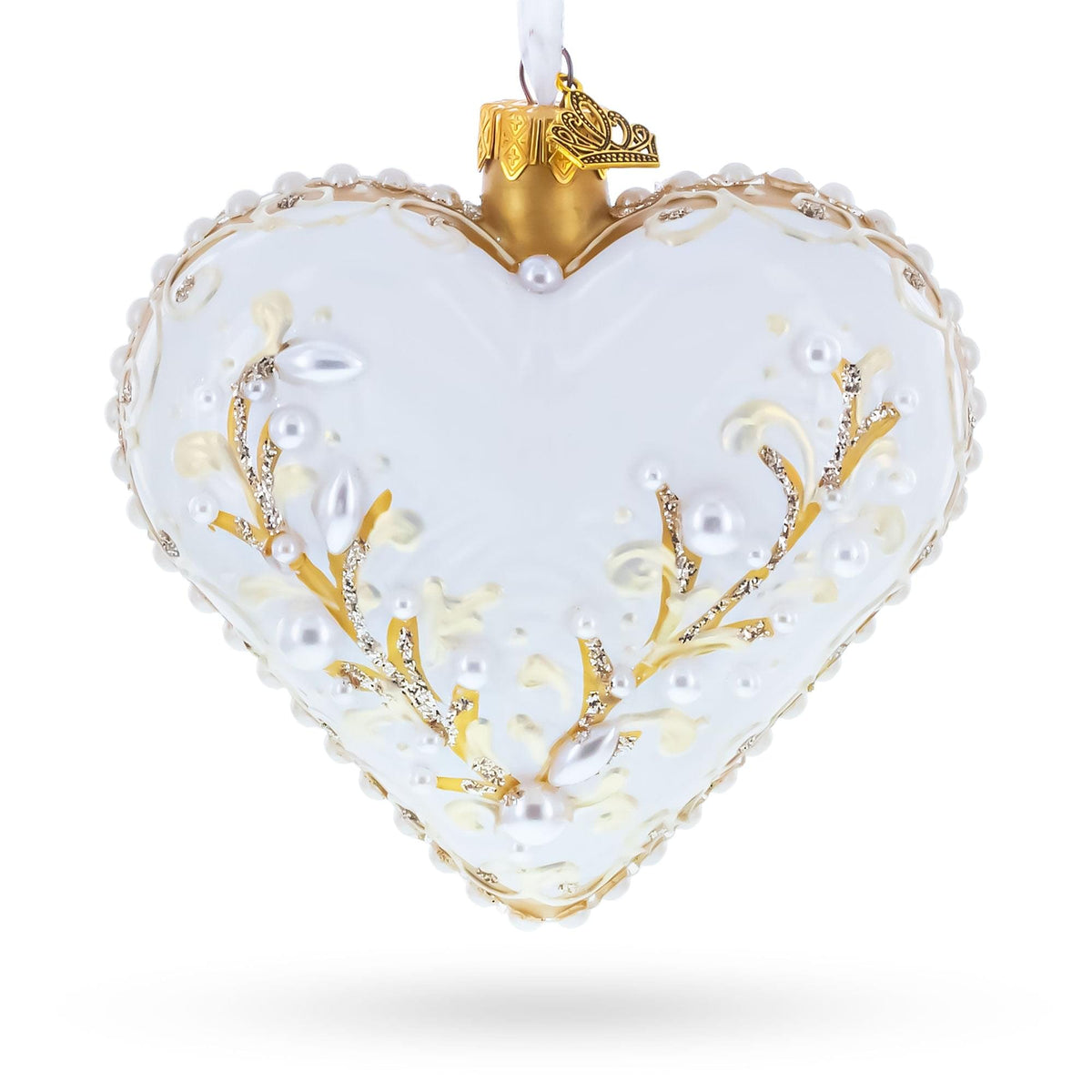 Winter Pearl Vine Jeweled Glass Heart Ornament