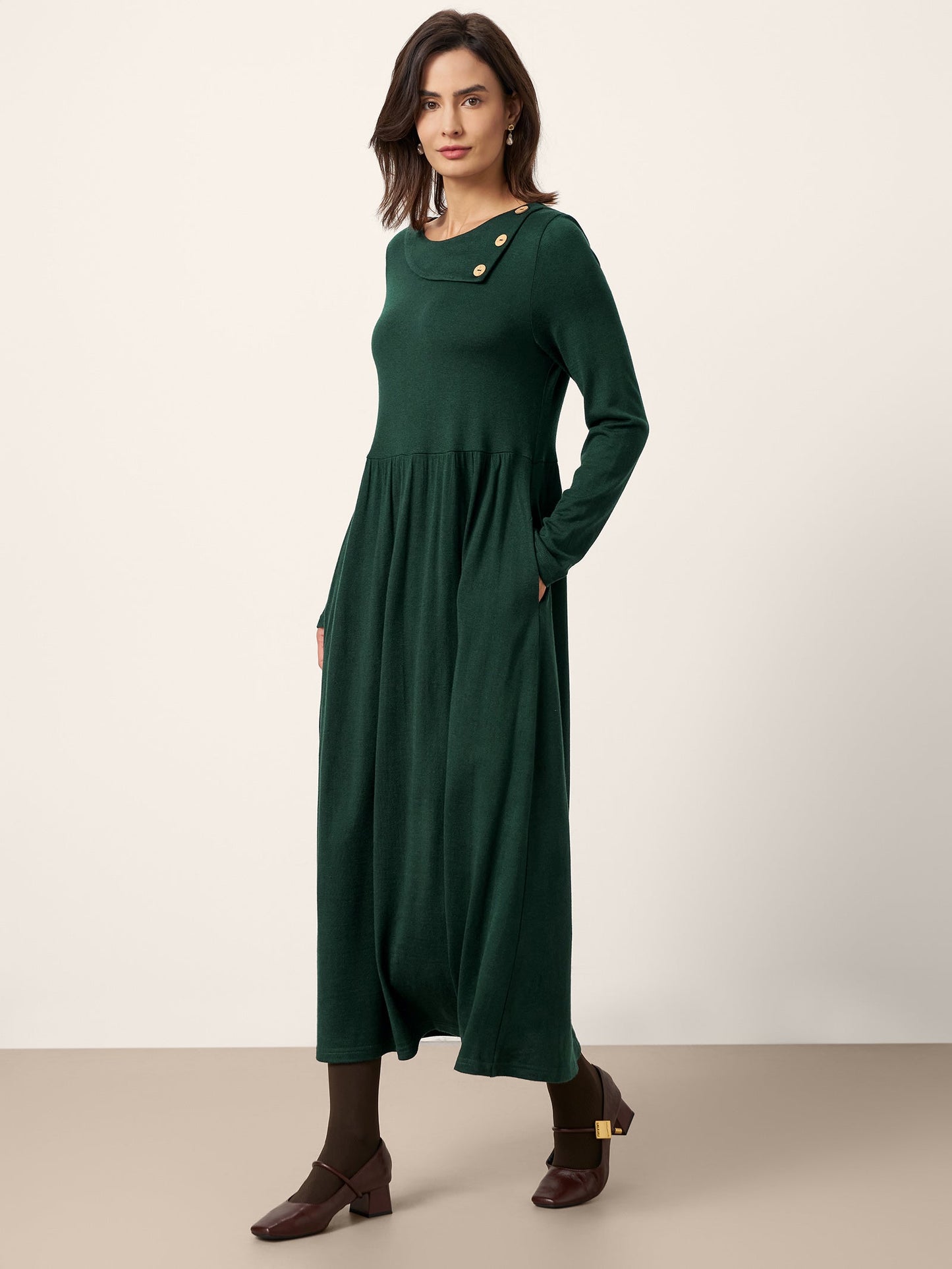 Wool Layered Neck Pleated Midi Dress BILLIE