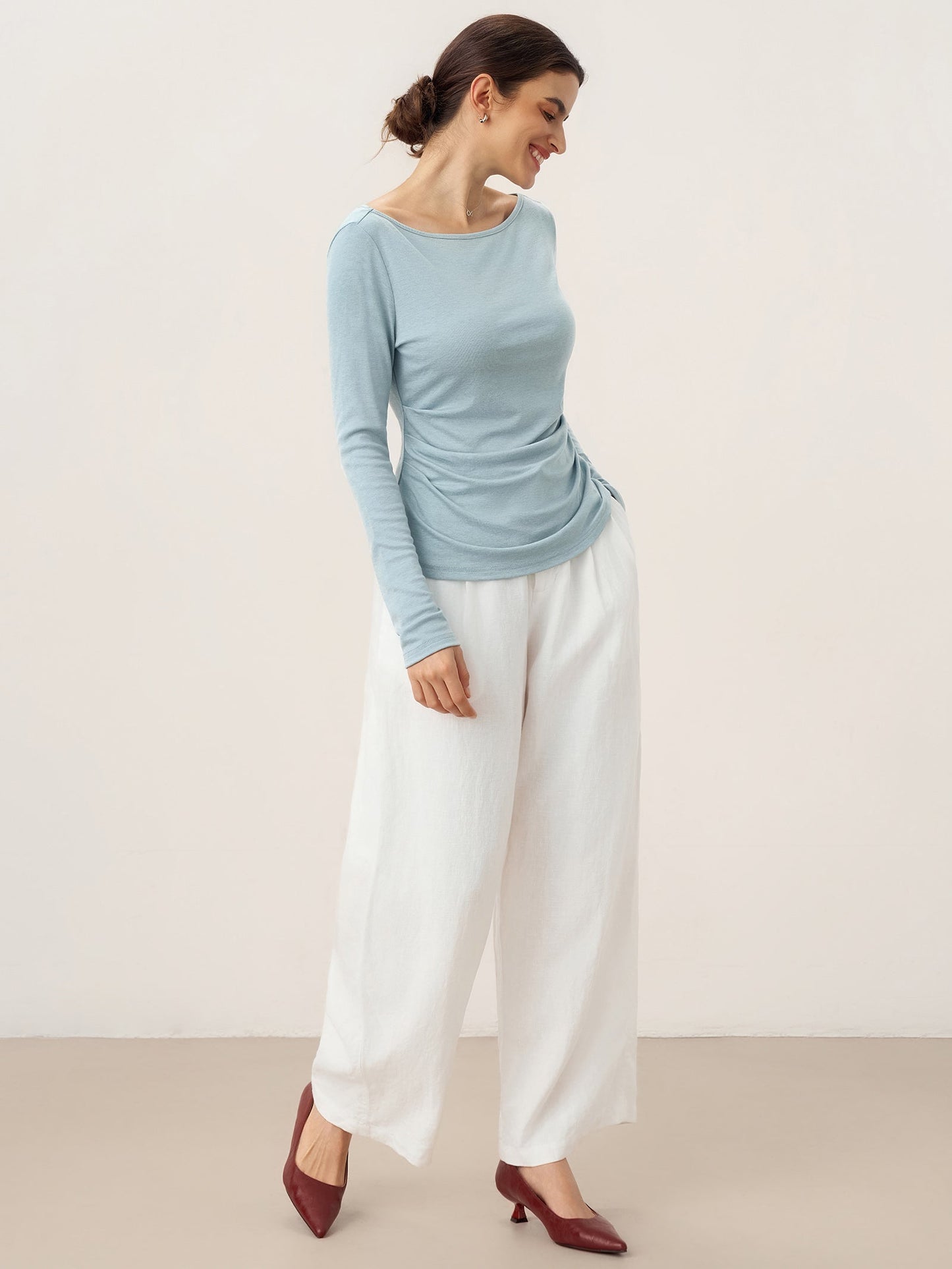 Wool Side Ruched Boat Neck Stretch Top VIVIEN