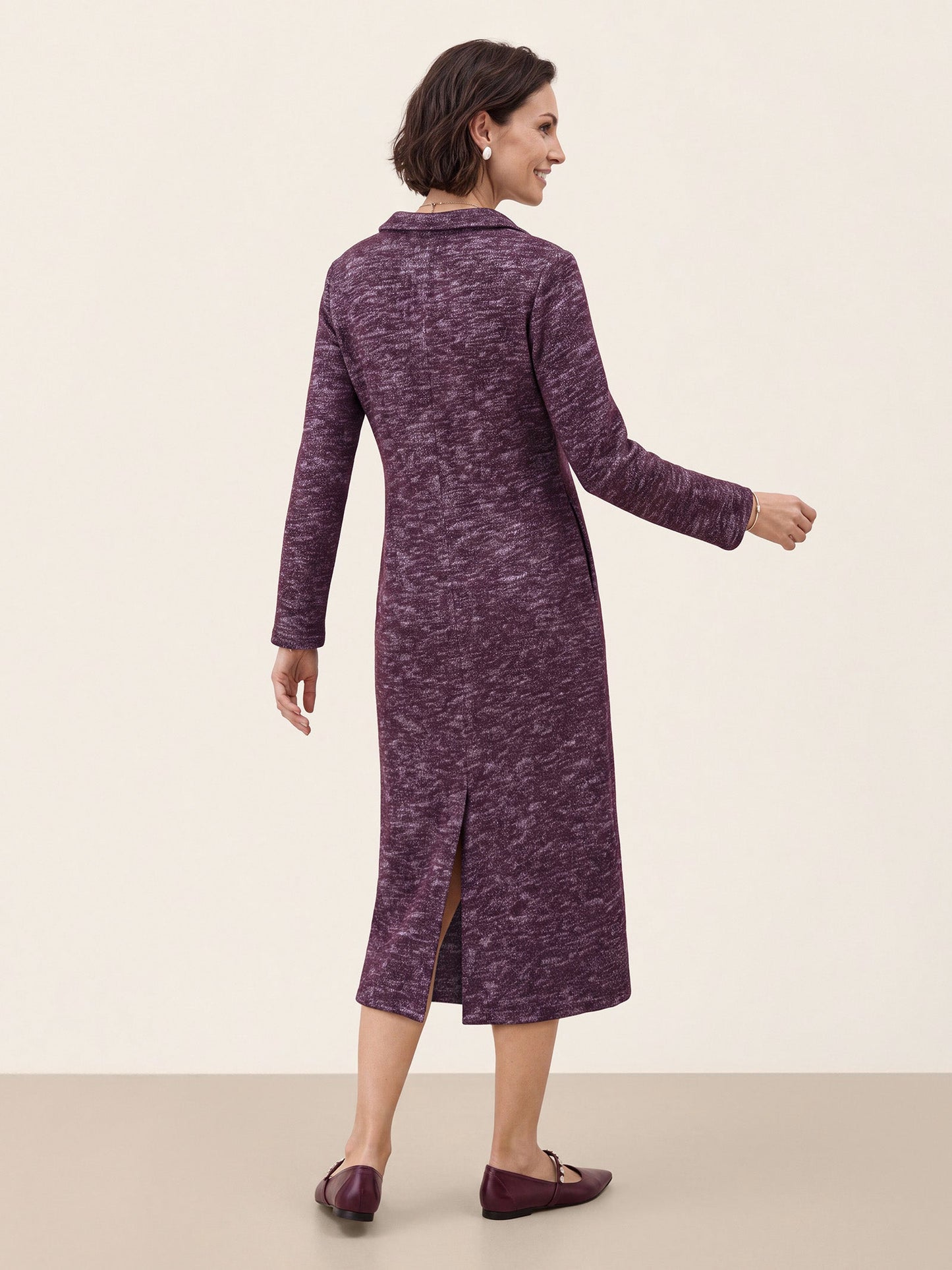 Wool Cotton Melange Collared Knit Midi Dress CORALIE