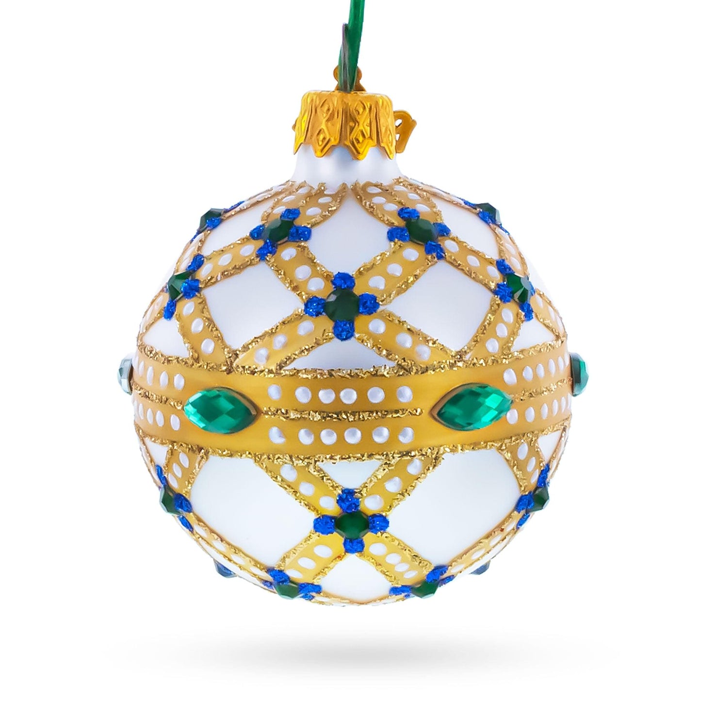 Yellow Trellis, Green Gems & Royal Blue Accents Glass Ball Christmas Ornament 2.4 Inches