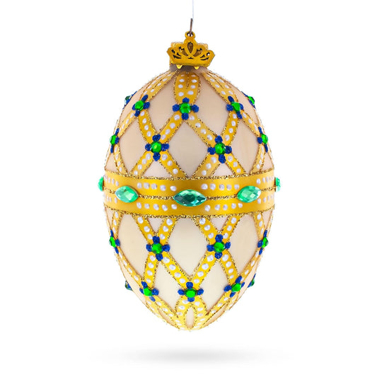Yellow Trellis, Green Gems & Royal Blue Accents Glass Egg Ornament 4 Inches