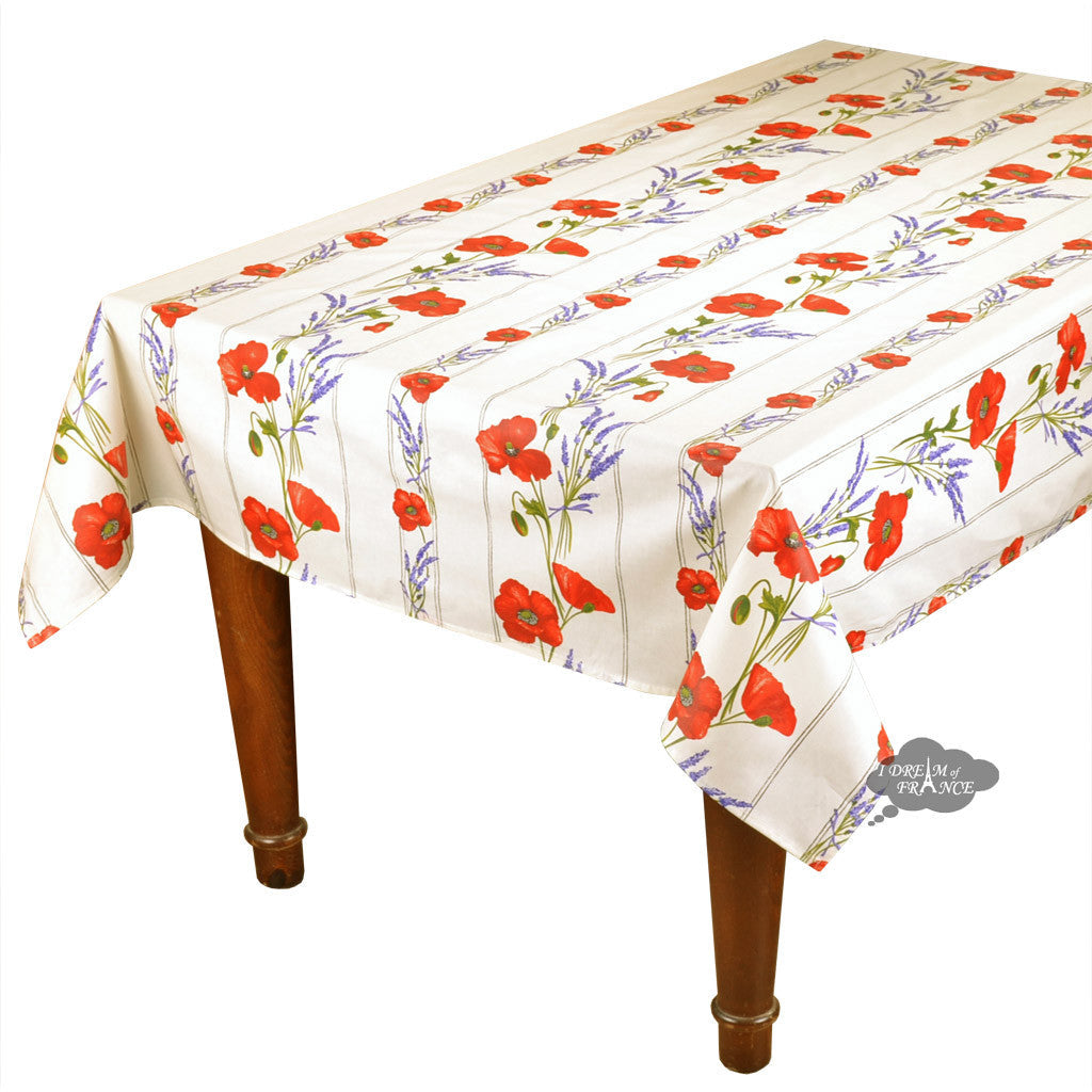 French Provencal tablecloth - Acrylic coated cotton, Spill-proof - 58" square - Poppies ivory | Tissus Toselli