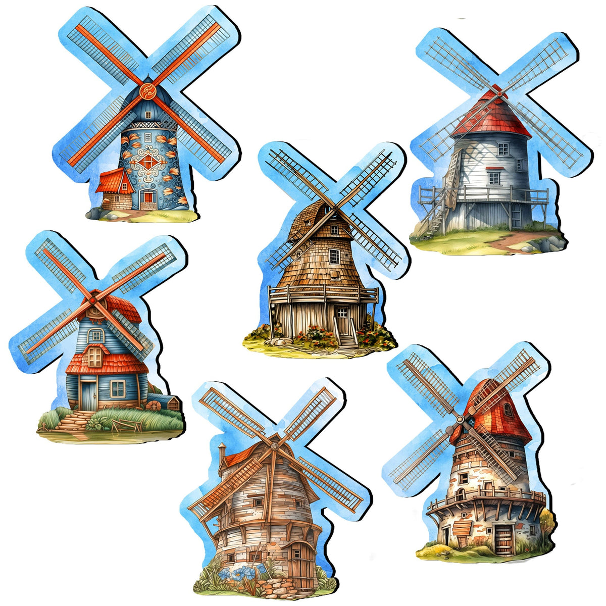Windmills Decorative Eco Wood Magnets Set of 6 by G. Debrekht - Love Family Decor - 8090074G-S6