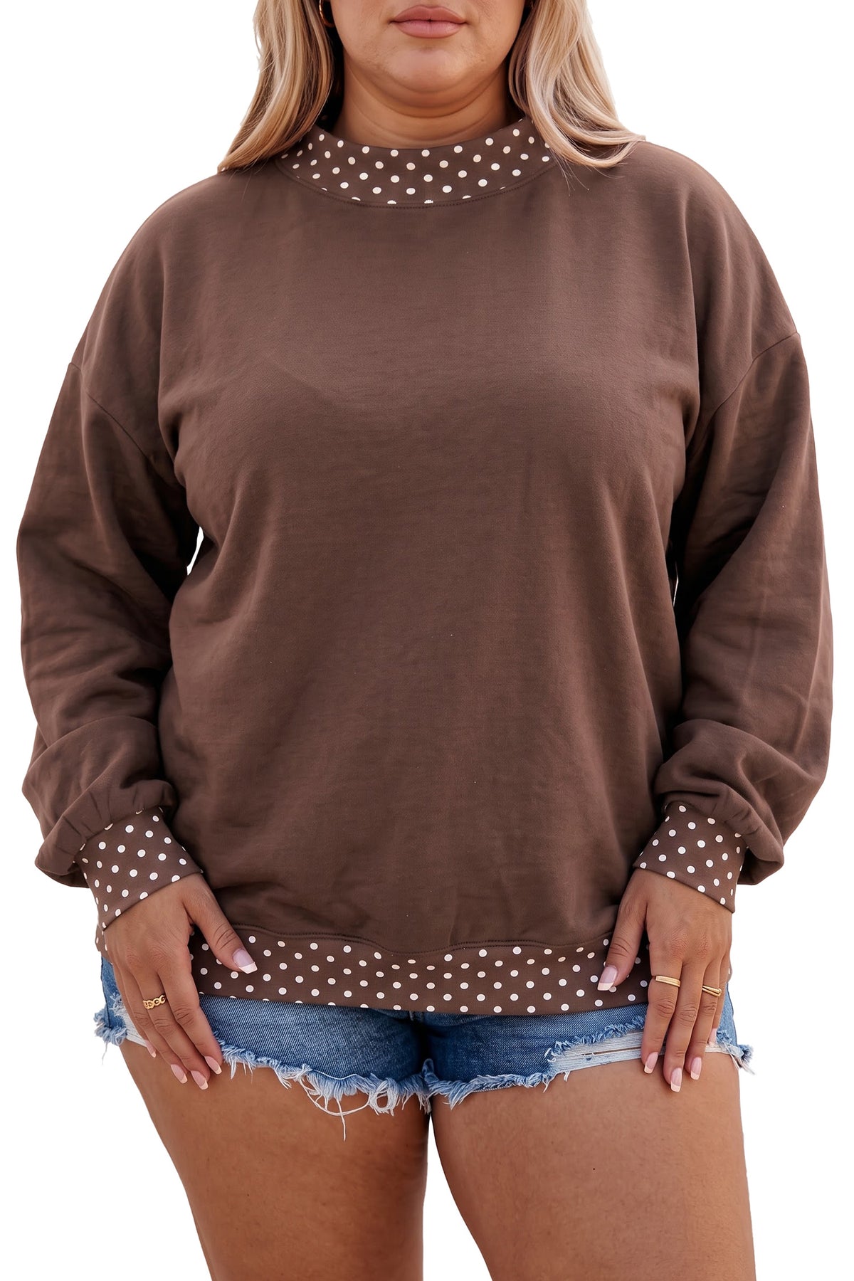 Racing Red Polka Dot Patchwork Round Neck Plus Size Sweatshirt