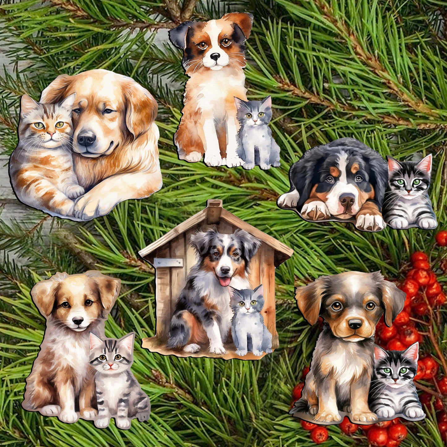 Dogs Clip-On Eco Wood Decorative Ornaments Set of 6 by G. Debrekht - Christmas Decor - 8090017C-S6