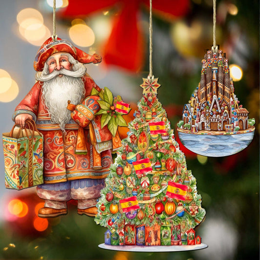 Santas Around the World - Spanish Inspired Santa - Eco Wood Ornaments Set of 3 by G. DeBrekht Christmas Santa Snowman Decor - 8091305S3