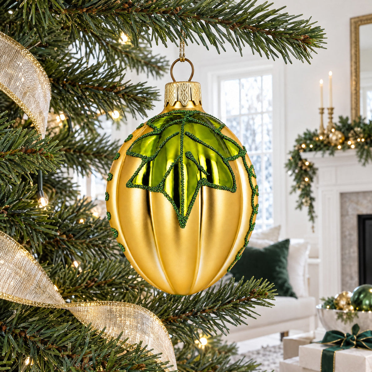 Pumpkin with Leaf Glass Christmas Ornament