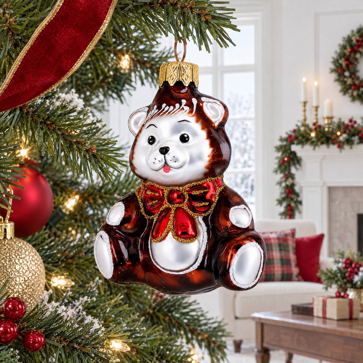 Teddy Bear with Red Bow Glass Christmas Ornament