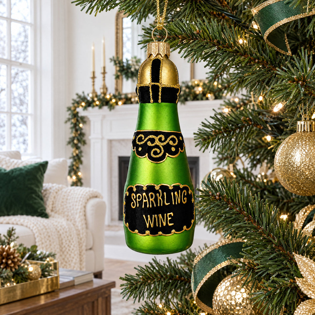 Bottle of Sparkling Wine Champagne Glass Christmas Ornament