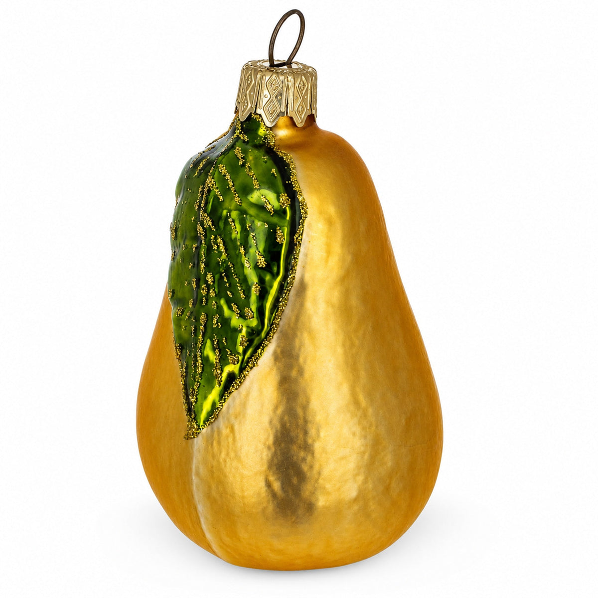 Pear with Green Leaf Glass Christmas Ornament 3.8 Inches