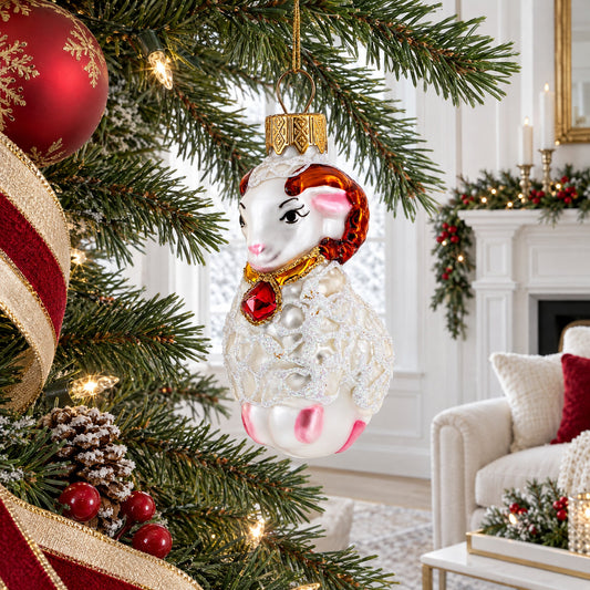 White Ram with Red Bell Glass Christmas Ornament