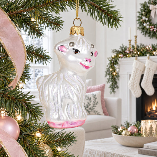 White Lamb and Sparkling Wool Glass Christmas Ornament