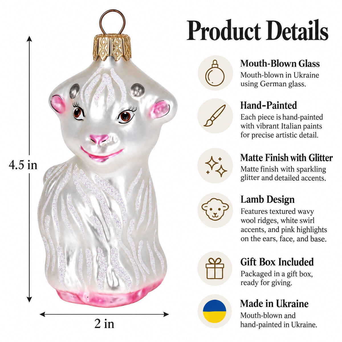 a white and pink sheep ornament with text