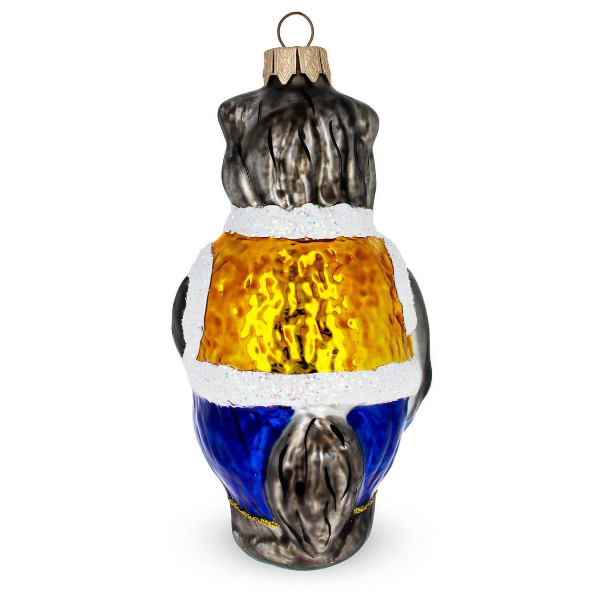 Gray Wolf Wearing Blue Pants and Gold Vest Glass Christmas Ornament