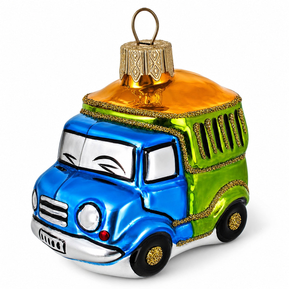 Blue and Green Dump Truck Mini Glass Christmas Ornament
