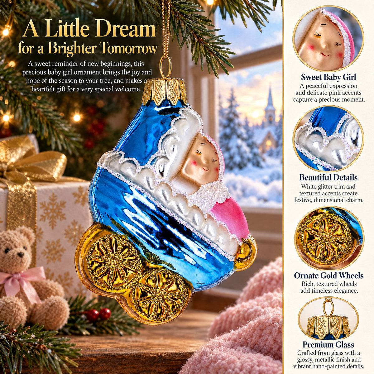 Newborn Baby Girl in a Stroller Glass Christmas Ornament
