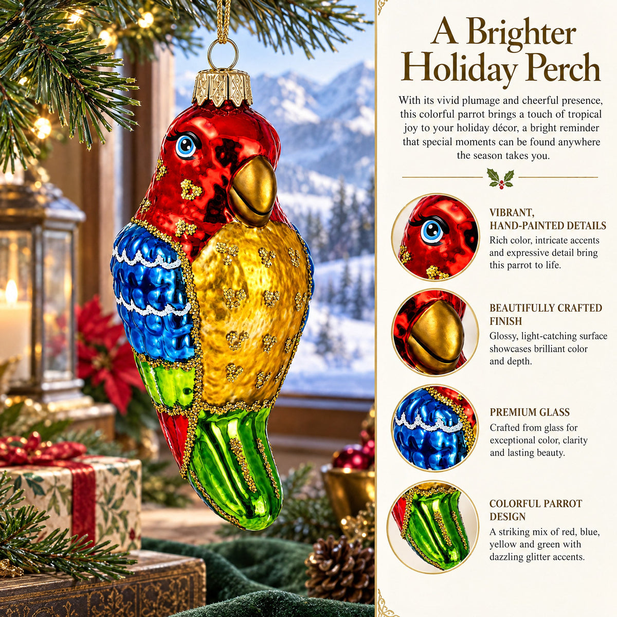 Parrot with Bright Feathers Glass Christmas Ornament
