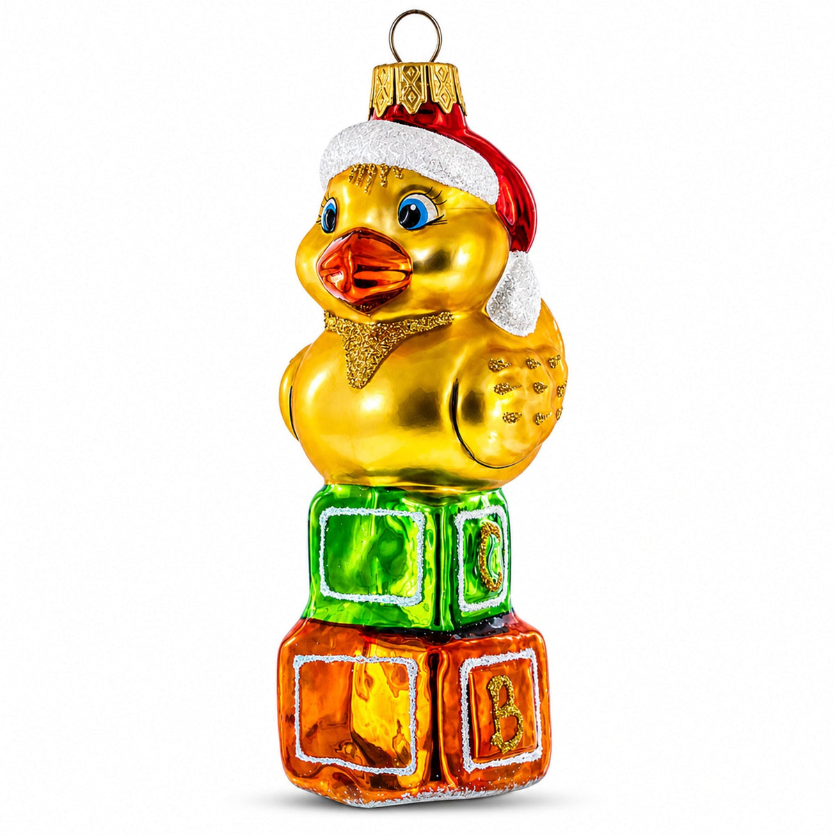 a christmas ornament with a duck on top of blocks