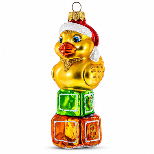 Yellow Duck in Santa Hat on Letter Blocks Glass Christmas Ornament