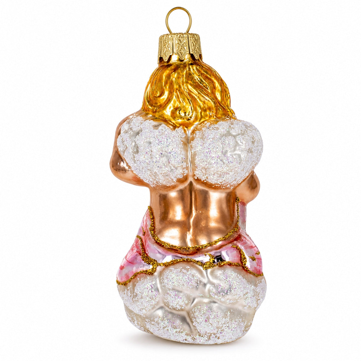 a glass ornament with a woman's back