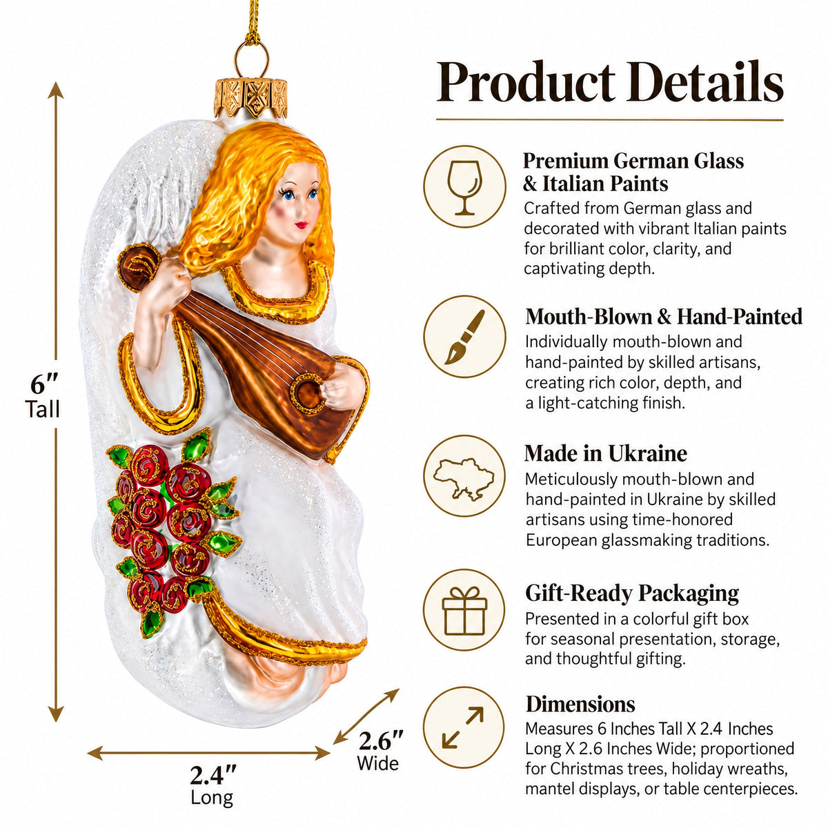 Guardian Angel Playing Mandolin Glass Christmas Ornament