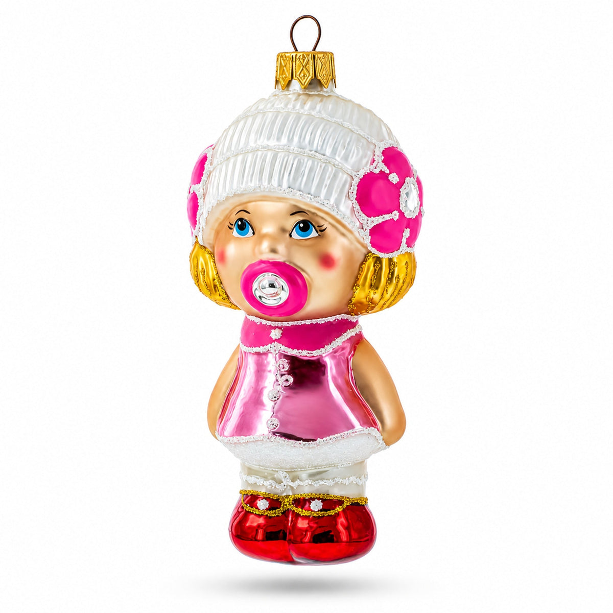Toddler Girl With Pacifier Glass Christmas Ornament
