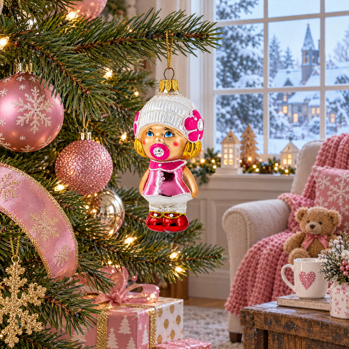 Toddler Girl With Pacifier Glass Christmas Ornament