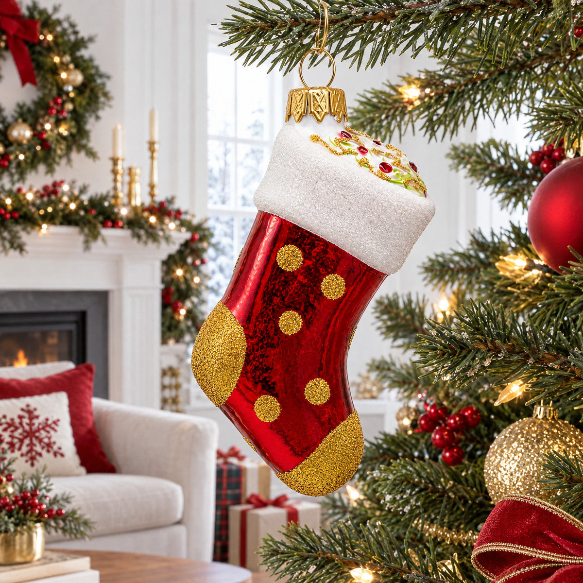 Golden Polka Dot Stocking Glass Christmas Ornament