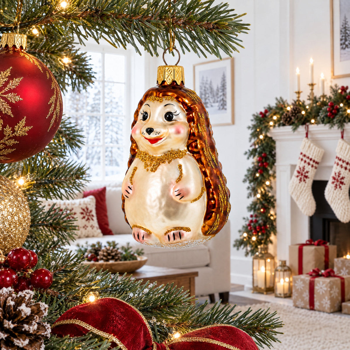 a christmas tree with ornaments and a fireplace