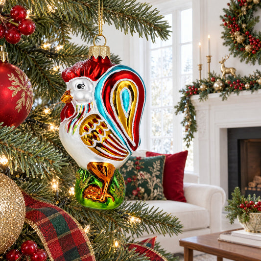 Colorful Rooster Glass Christmas Ornament