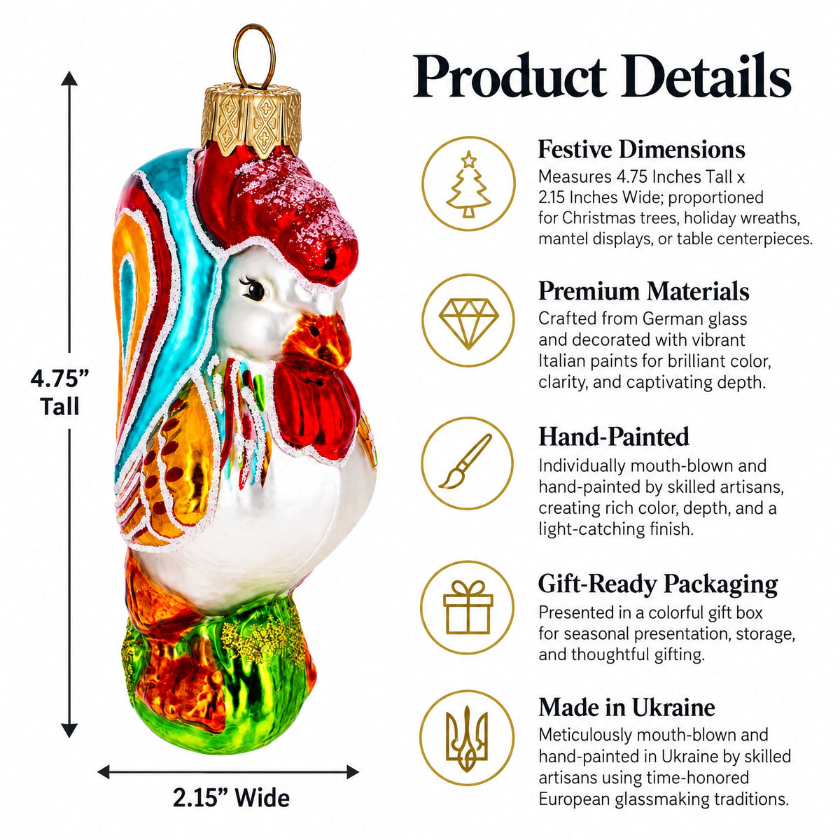 Colorful Rooster Glass Christmas Ornament